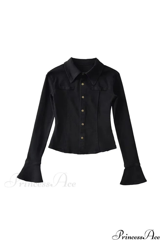 Denim Blouse with Bell Sleeves and Lapel Black / S