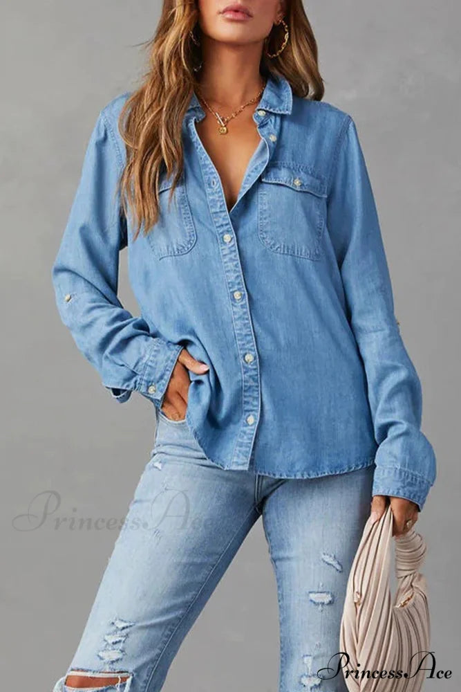 Denim Button-Up Blouse Blue / L