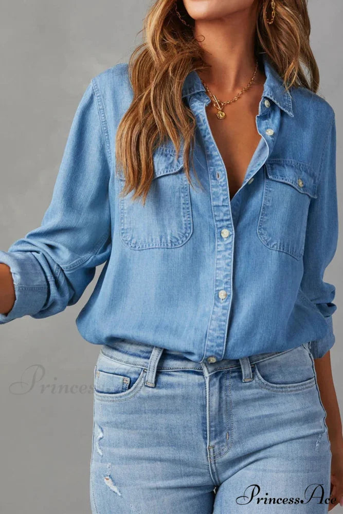 Denim Button-Up Blouse Blue / M