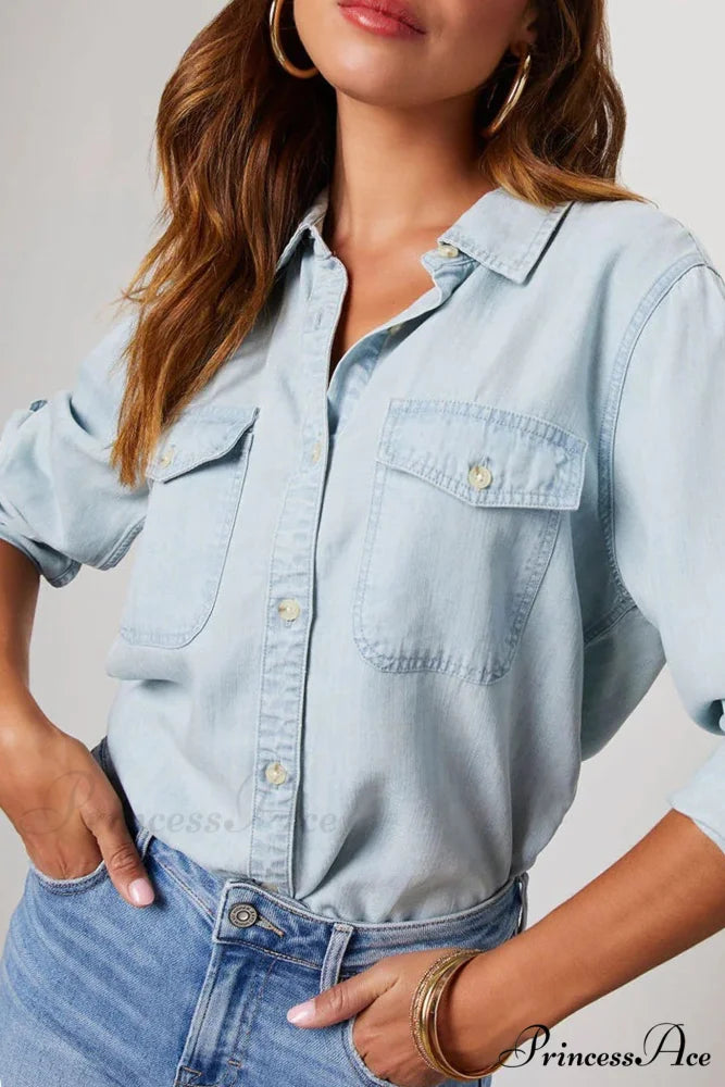 Denim Button-Up Blouse Light Blue / L