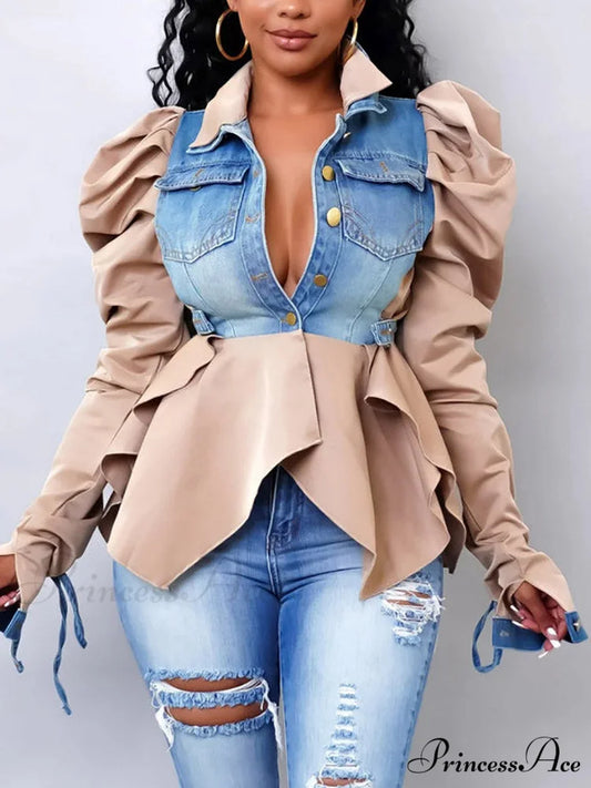 Denim Charming Patchwork Romper Apricot / S