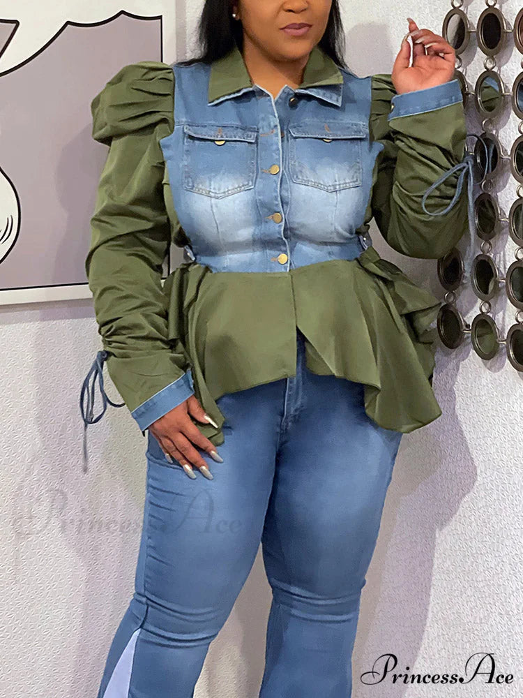 Denim Charming Patchwork Romper Green / S