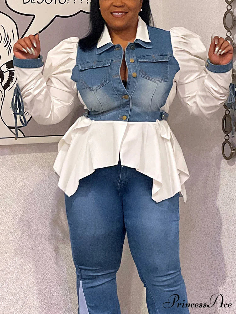 Denim Charming Patchwork Romper White / S