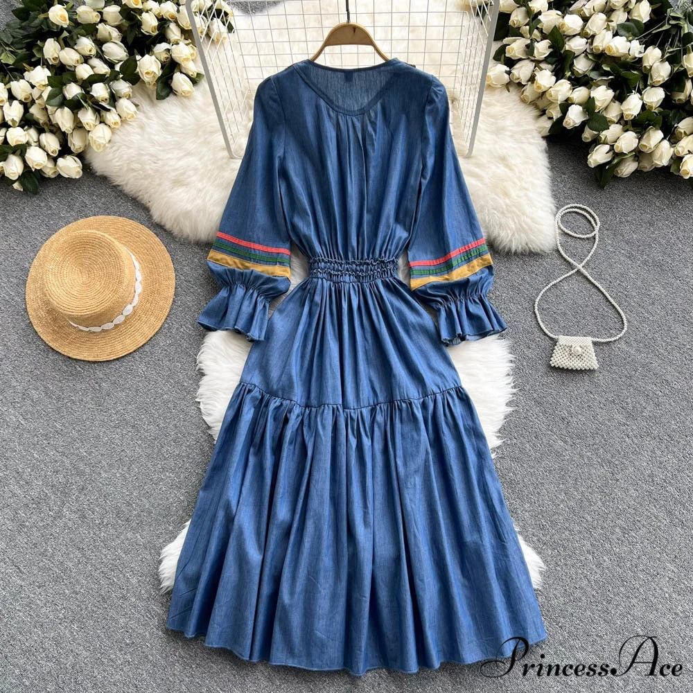 Denim Cowboy National Women Embroidered A Korean Folded Autumn Line Jeans Warm-Season Arm Gown 2024 Long Dress