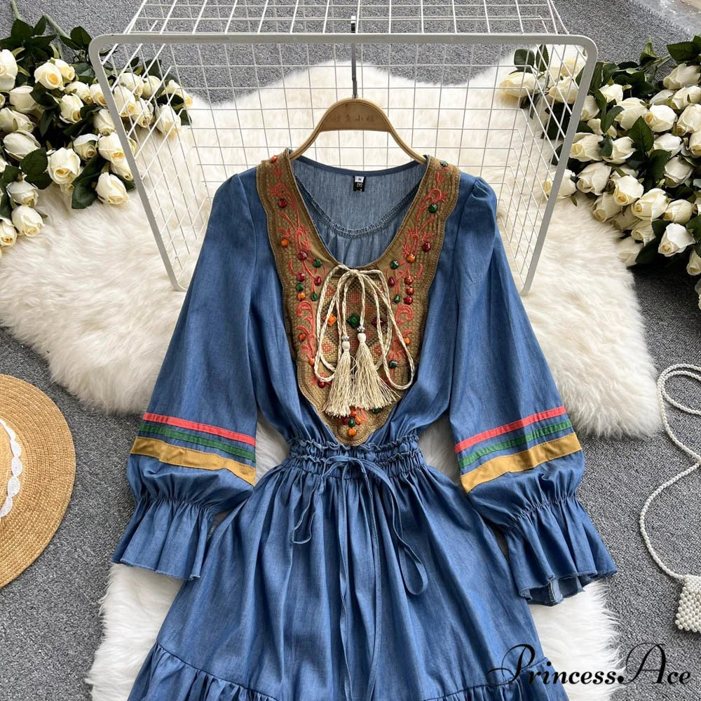 Denim Cowboy National Women Embroidered A Korean Folded Autumn Line Jeans Warm-Season Arm Gown 2024 Long Dress