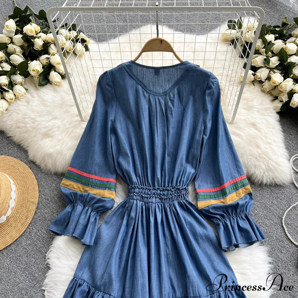 Denim Cowboy National Women Embroidered A Korean Folded Autumn Line Jeans Warm-Season Arm Gown 2024 Long Dress