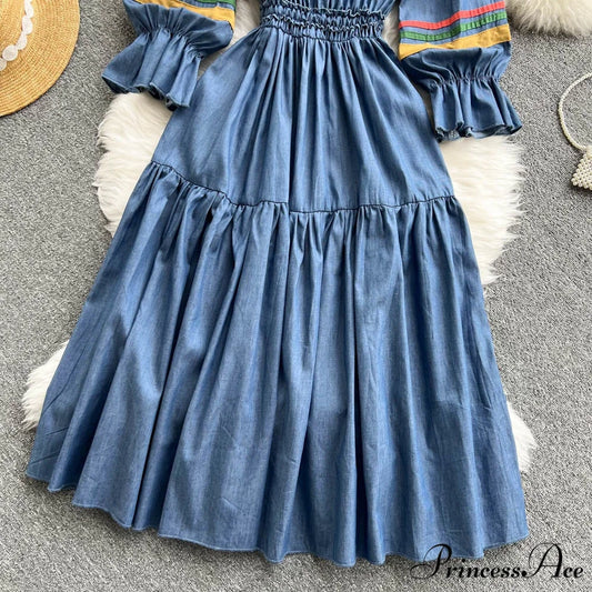 Denim Cowboy National Women Embroidered A Korean Folded Autumn Line Jeans Warm-Season Arm Gown 2024 Long Dress