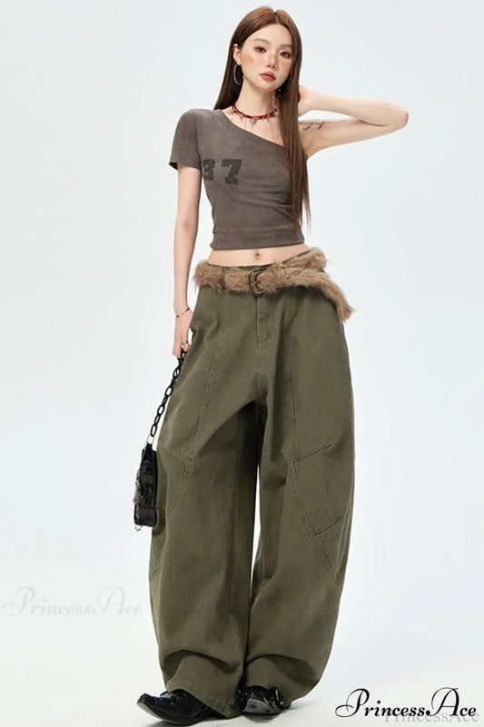 Denim Curved Loose Straight Cargo Pants