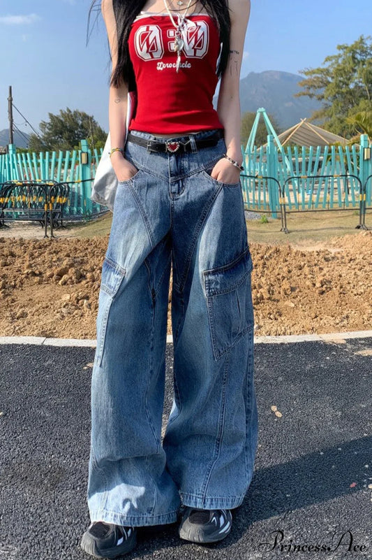 Denim Diagonal Split Wide Leg Cargo Pants