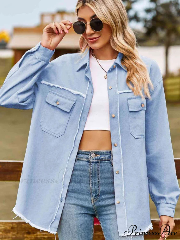 Denim Hem Raw Neck Collared Top Misty Blue / S