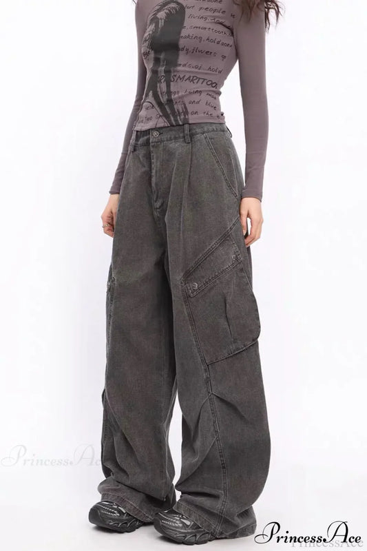 Denim Large Pocket Wide-Leg Cargo Pants