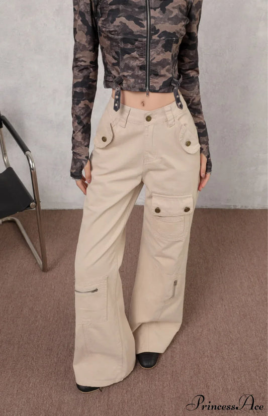 Denim Multi-Pocket High Waist Flared Cargo Pants
