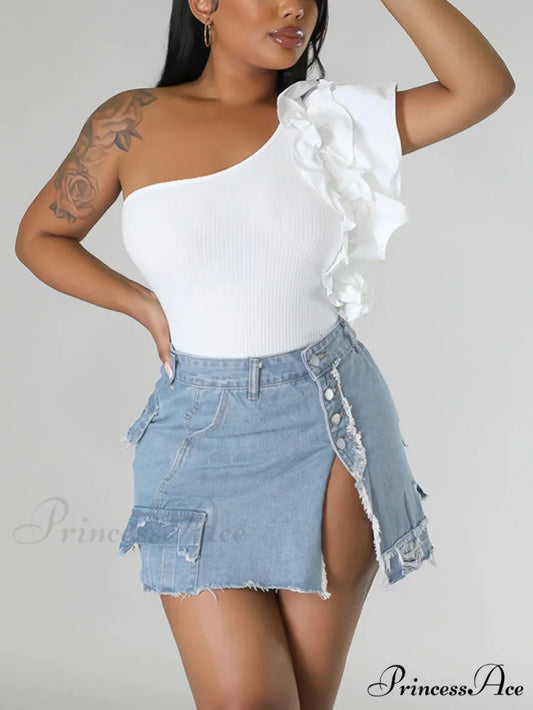 Denim Pocket Graceful Patched Mini Skirt Blue / S