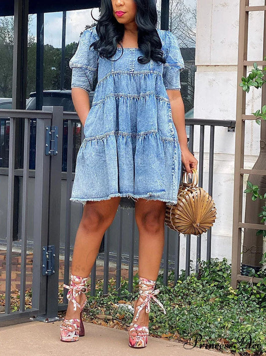 Denim Pockets Graceful Slit Skirt Blue / S