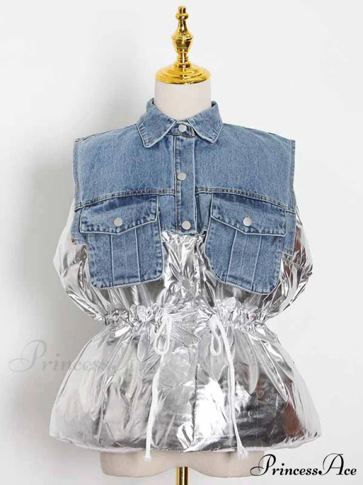 Denim Puff Graceful Sleeve Mini Dress Silver / One Size