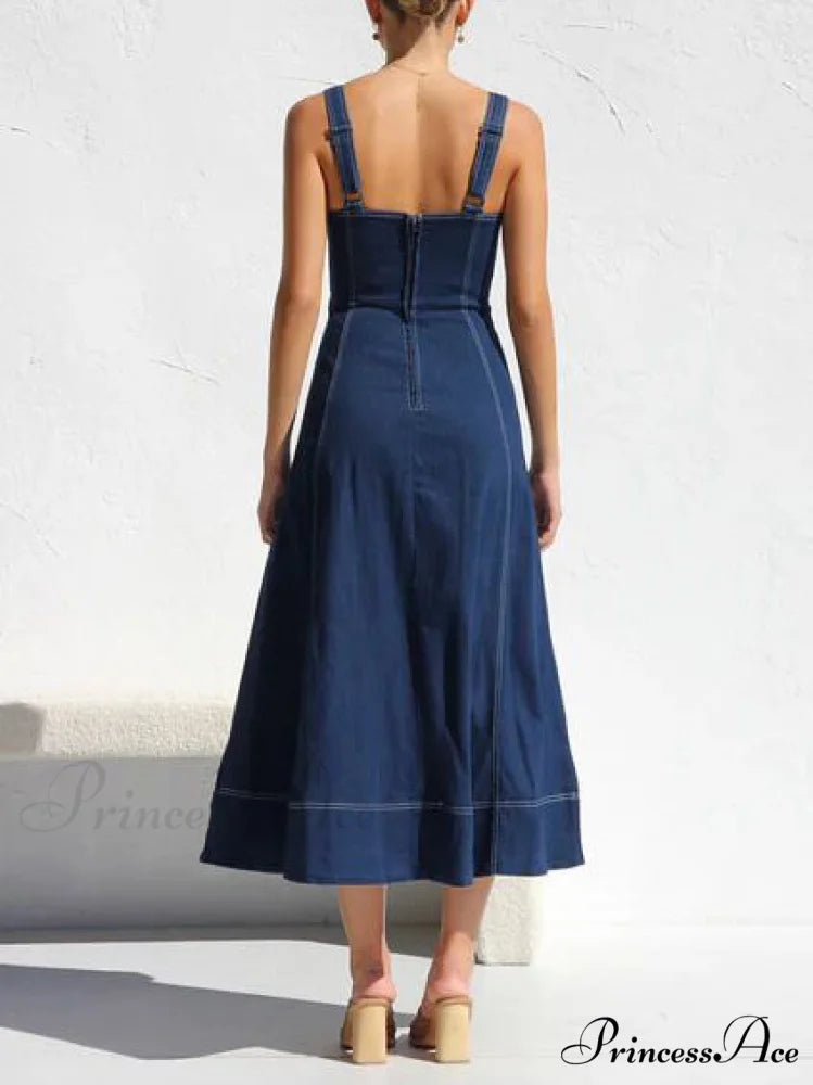 Denim Suspender Casual Charming Button Midi Dress