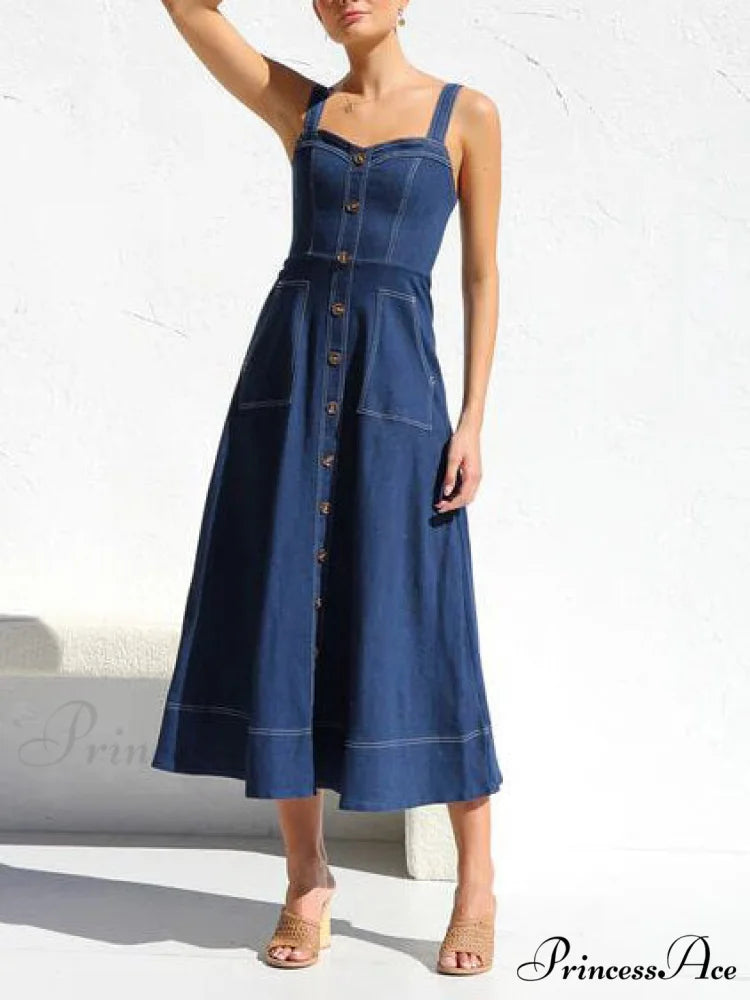 Denim Suspender Casual Charming Button Midi Dress Dark Blue / S