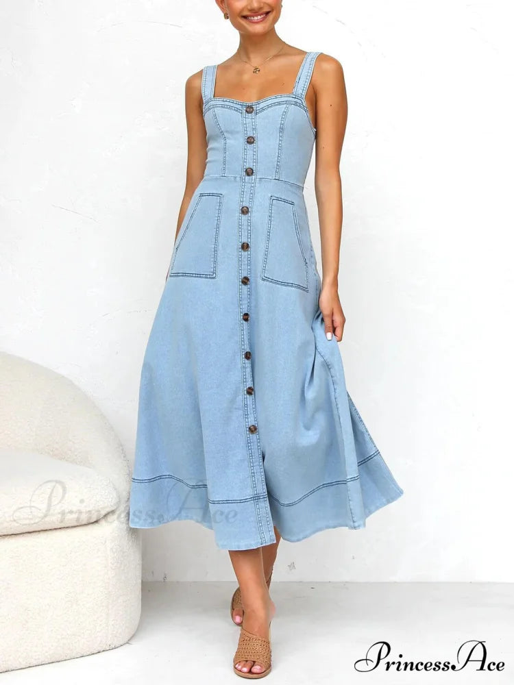 Denim Suspender Casual Charming Button Midi Dress Light Blue / S