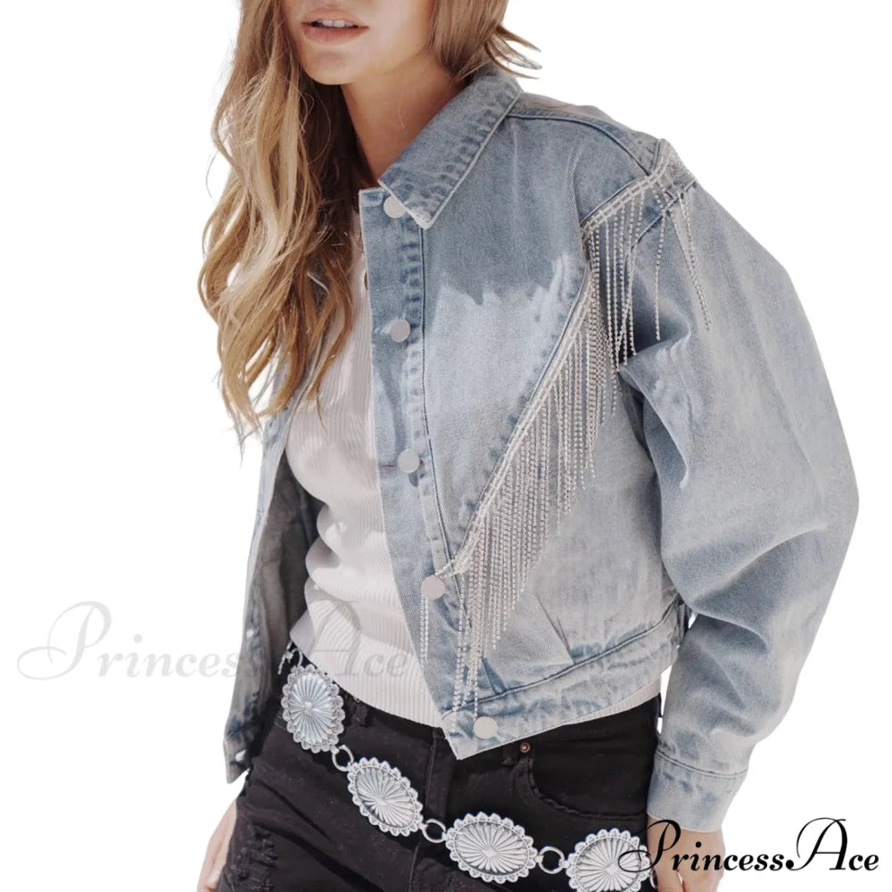 Denim Turndown Collar Splice Rhinestone Tassel Long Sleeve Loose Button Woman Clothing Warm Chic Stylish Elegant