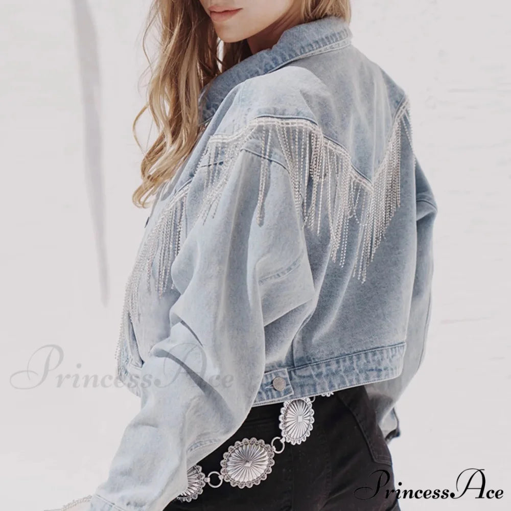 Denim Turndown Collar Splice Rhinestone Tassel Long Sleeve Loose Button Woman Clothing Warm Chic Stylish Elegant