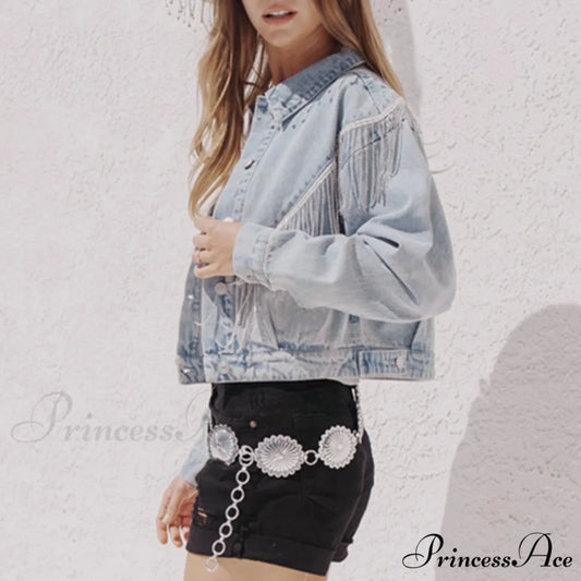 Denim Turndown Collar Splice Rhinestone Tassel Long Sleeve Loose Button Woman Clothing Warm Chic Stylish Elegant