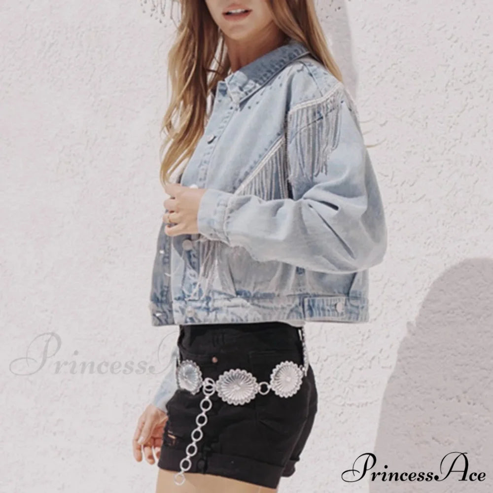 Denim Turndown Collar Splice Rhinestone Tassel Long Sleeve Loose Button Woman Clothing Warm Chic Stylish Elegant
