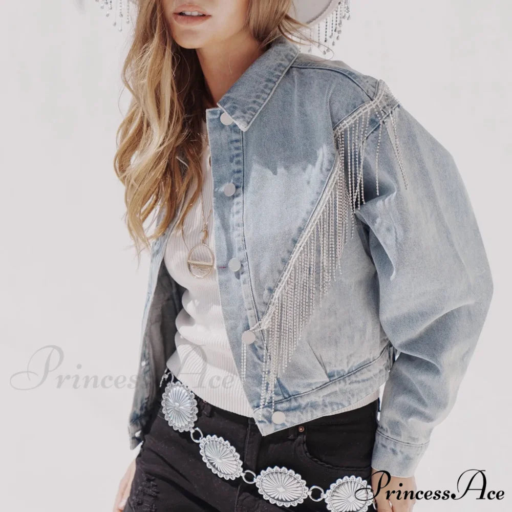Denim Turndown Collar Splice Rhinestone Tassel Long Sleeve Loose Button Woman Clothing Warm Chic Stylish Elegant