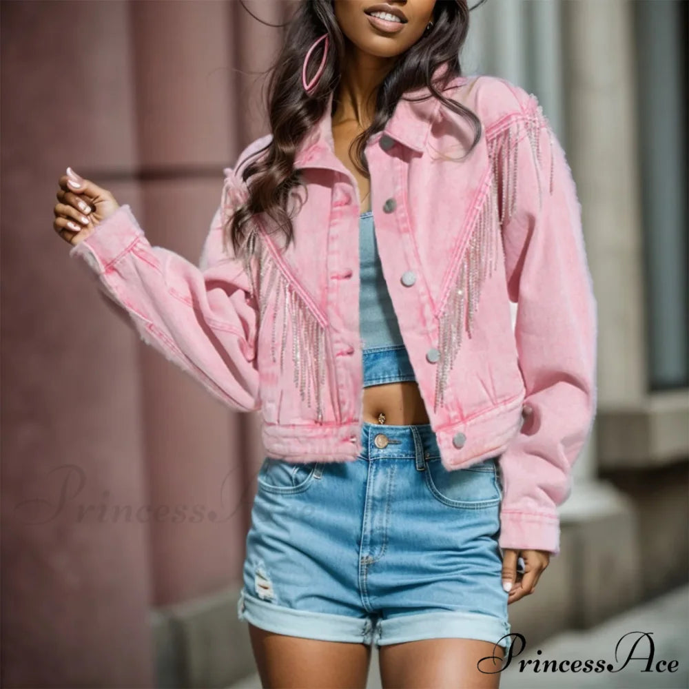 Denim Turndown Collar Splice Rhinestone Tassel Long Sleeve Loose Button Woman Clothing Warm Chic Stylish Elegant
