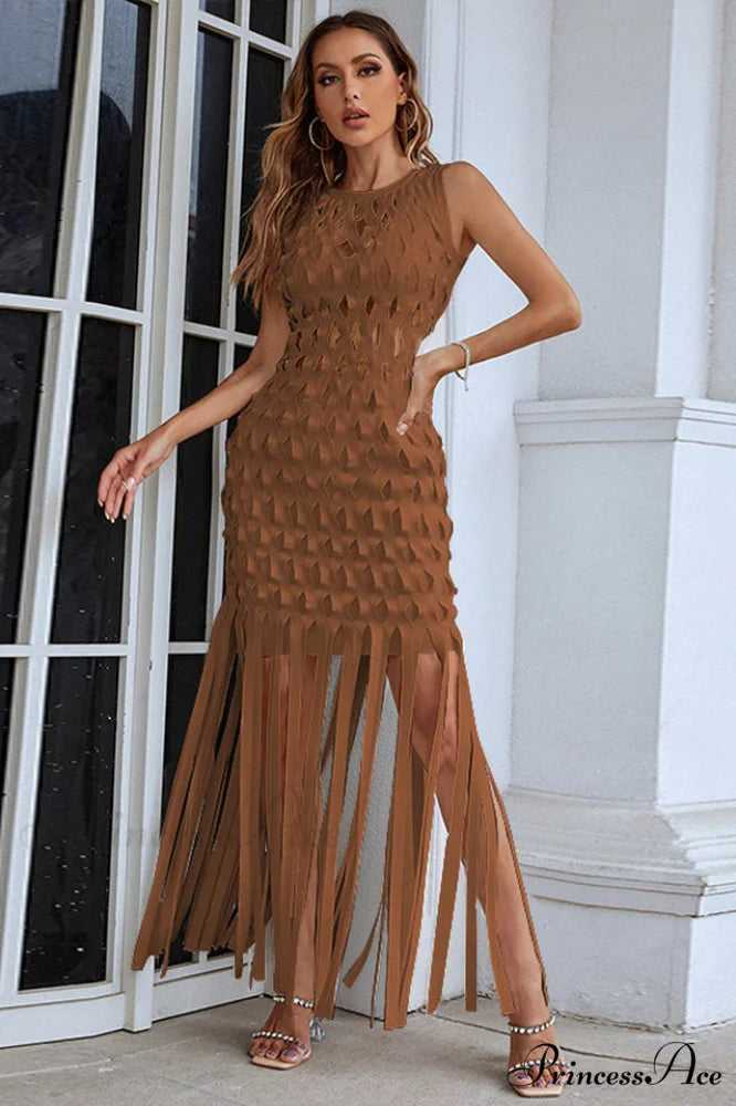 Denisa Sleeveless Stylish Tassel Dress S / Coffee