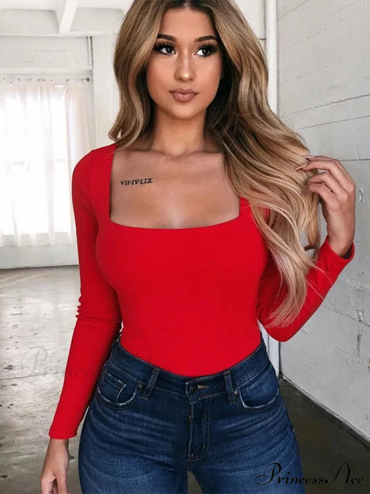 Dense Quadrilateral Neck Extended Sleeve Trim Fit Knit Top Red / S knittop-250126