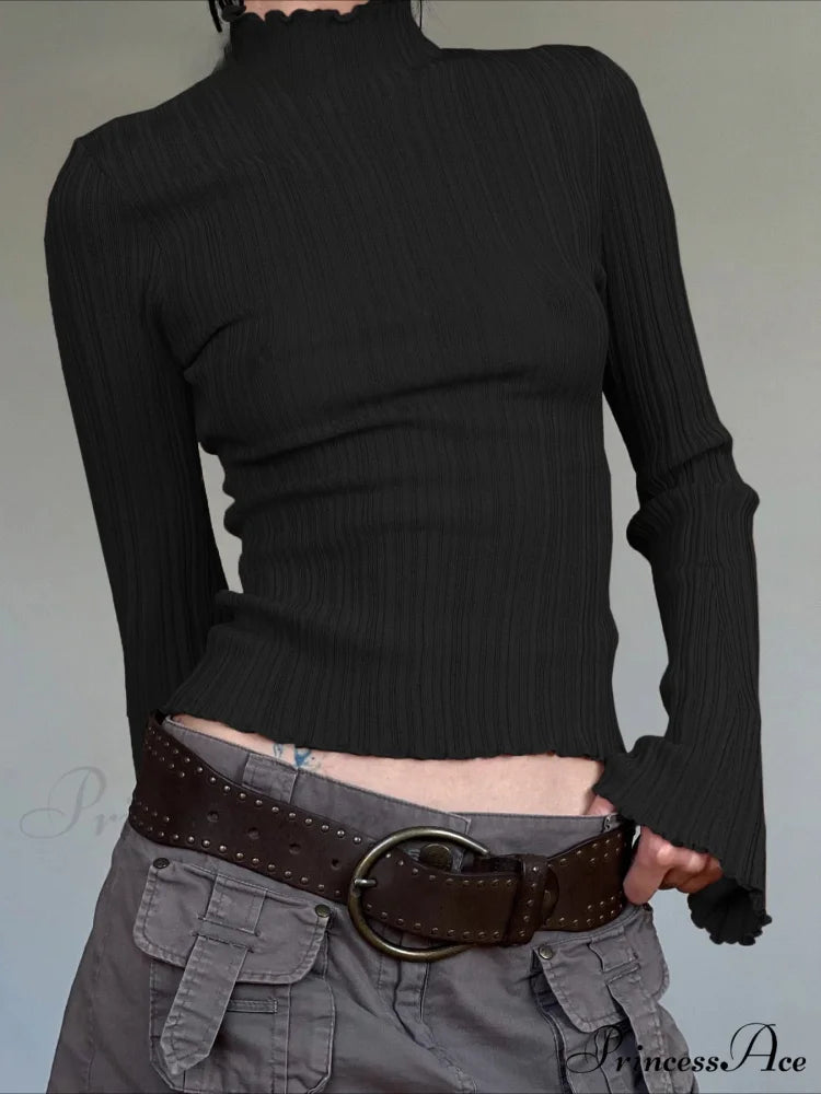 Dense Turtleneck Sleek Flare Sleeve Extended Sleeve Knit Top Black / S knittop-250126
