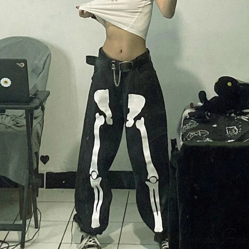 Design Baggy Waist Skeleton Streetwear Jeans Women’s Vintage Low Casual Outfits Black Loose / S