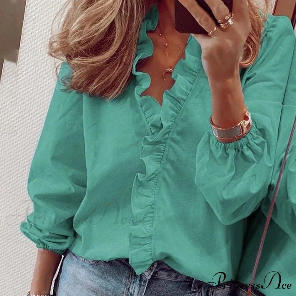 Design Blouse Office Bohemian V-neck Arm Blouse Retro Slim Flowered Brief Women Ruffles Casual Lady Tops Summer