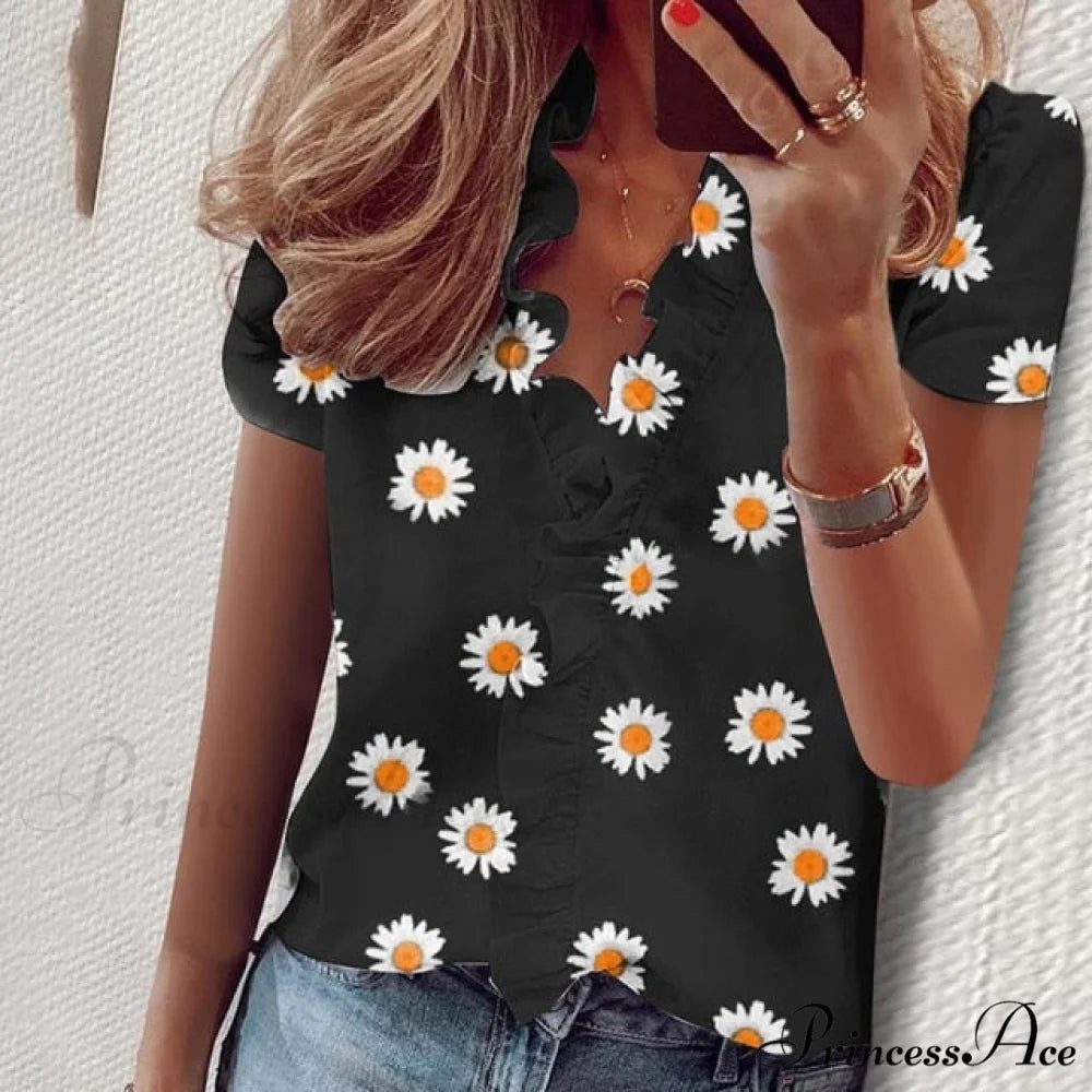 Design Blouse Office Bohemian V-neck Arm Blouse Retro Slim Flowered Brief Women Ruffles Casual Lady Tops Summer style 1