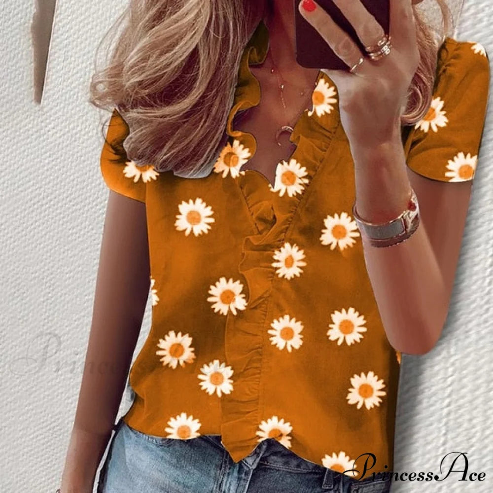 Design Blouse Office Bohemian V-neck Arm Blouse Retro Slim Flowered Brief Women Ruffles Casual Lady Tops Summer style 1