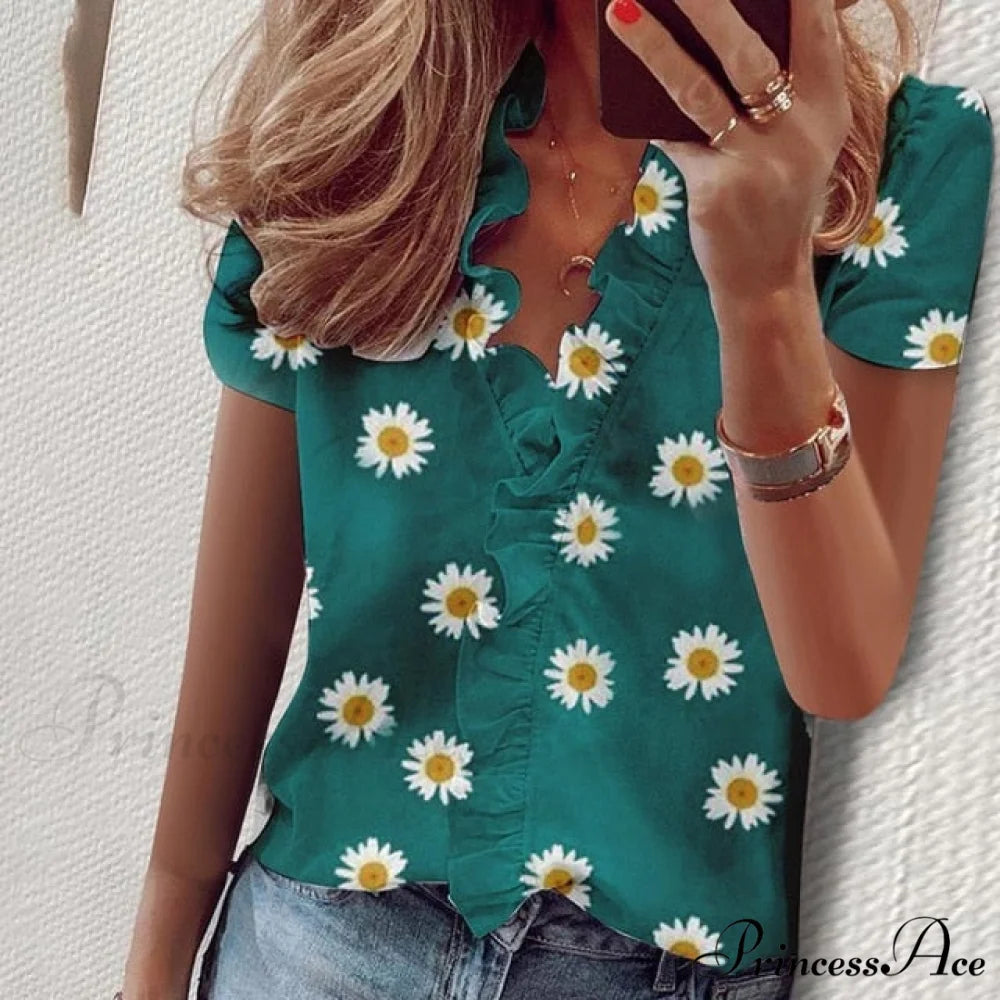 Design Blouse Office Bohemian V-neck Arm Blouse Retro Slim Flowered Brief Women Ruffles Casual Lady Tops Summer style 1