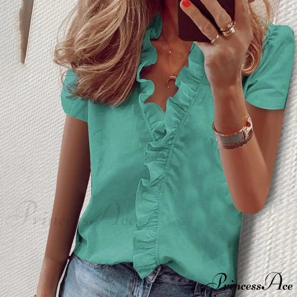 Design Blouse Office Bohemian V-neck Arm Blouse Retro Slim Flowered Brief Women Ruffles Casual Lady Tops Summer style 1