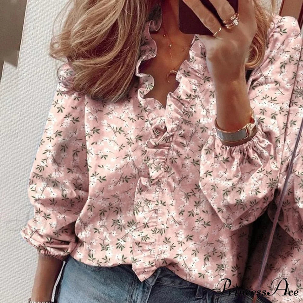 Design Blouse Office Bohemian V-neck Arm Blouse Retro Slim Flowered Brief Women Ruffles Casual Lady Tops Summer style 2
