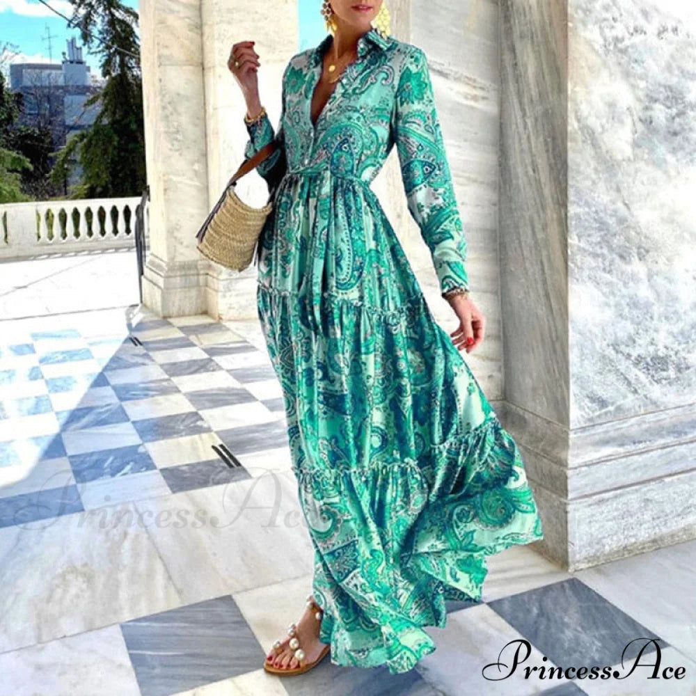 Design Button Coastal Detail Flowered Neckline - Party Full-Length Gown and Folded Gown with for Turn-down Bohemian