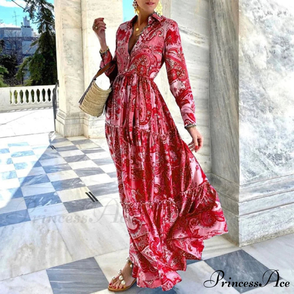 Design Button Coastal Detail Flowered Neckline - Party Full-Length Gown and Folded Gown with for Turn-down Bohemian