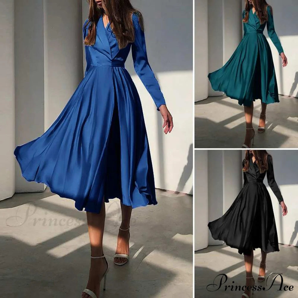 Design Dresses Women Folded of and Neckline Satin - Gown (out for Suit Elegant Autumn with Midi Swing Party stock)