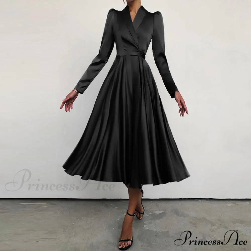 Design Dresses Women Folded of and Neckline Satin - Gown (out for Suit Elegant Autumn with Midi Swing Party stock)
