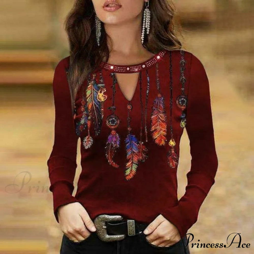 Design Feather Shirt Wine Red / S