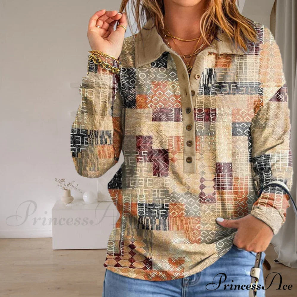 Design Geometric Casual Sweatshirt Khaki / S