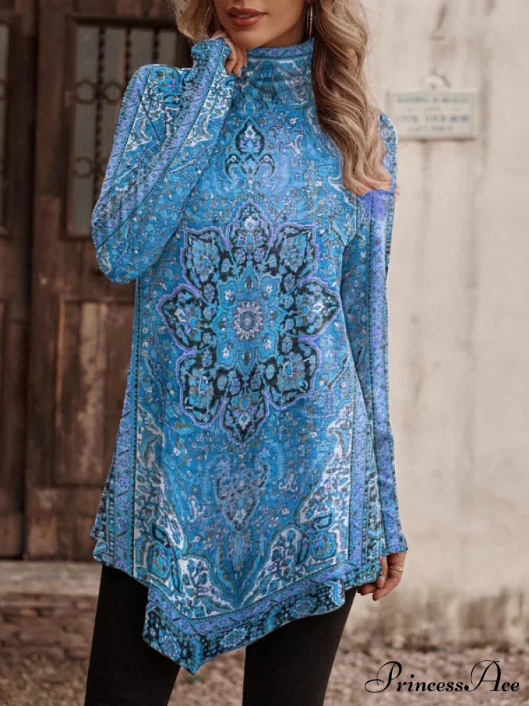 Design Long with High Bohemian Sweater T-shirt Turtleneck Collar Pattern1 / S