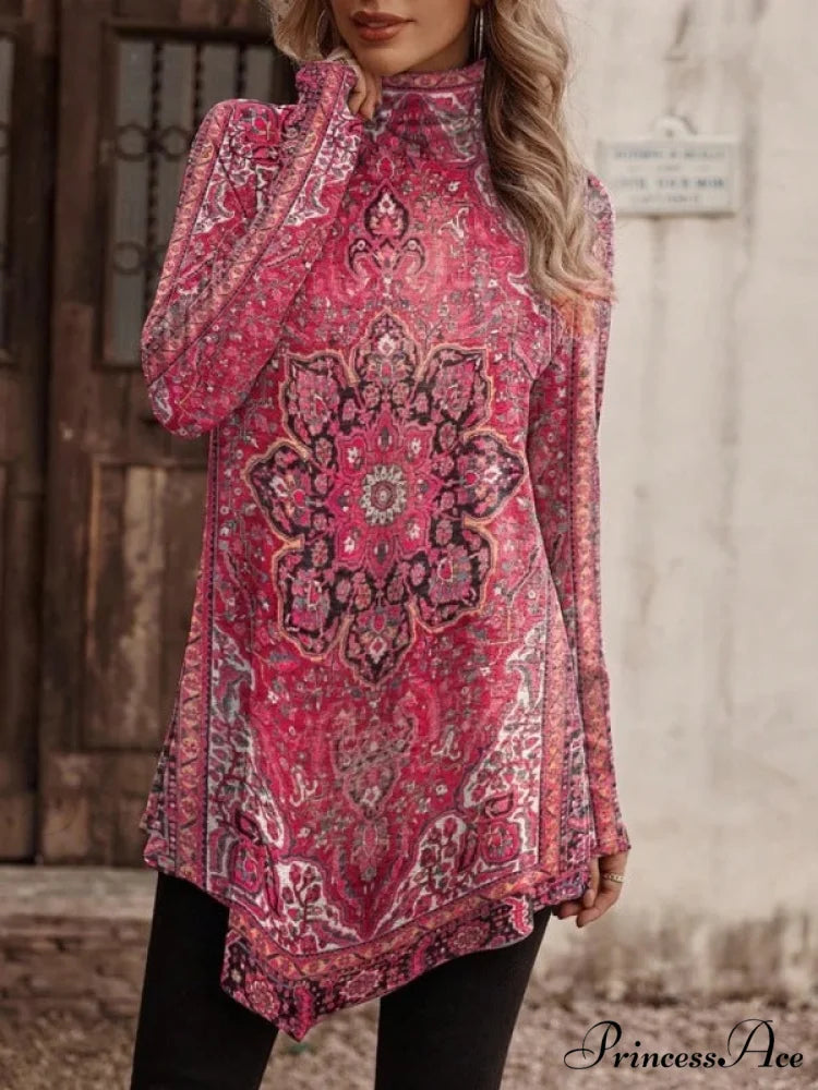 Design Long with High Bohemian Sweater T-shirt Turtleneck Collar Pattern2 / S