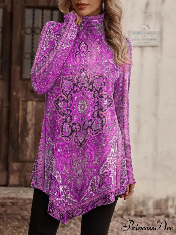 Design Long with High Bohemian Sweater T-shirt Turtleneck Collar Pattern3 / S