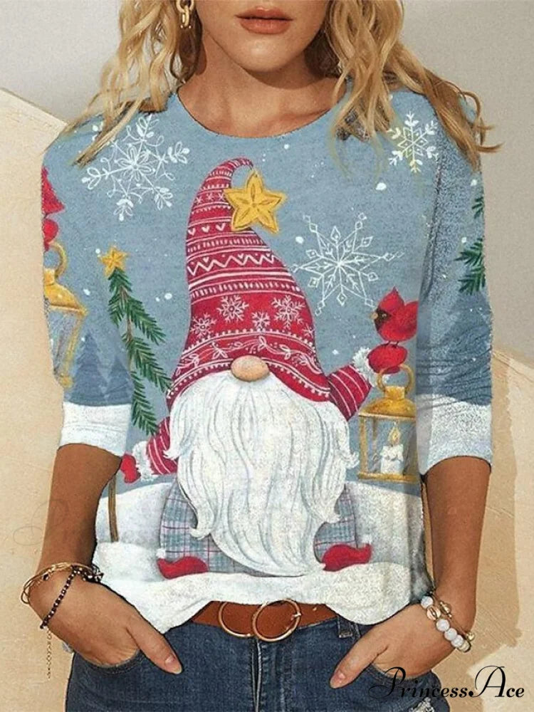 Design Neck with Long Christmas Weekend Reindeer - Snowman Round T-shirt Basic and Arm Women’s Black Painting