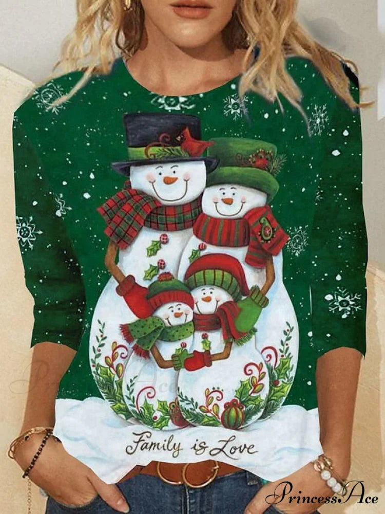 Design Neck with Long Christmas Weekend Reindeer - Snowman Round T-shirt Basic and Arm Women’s Black Painting