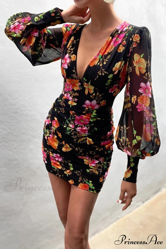 Design Party Bodycon Women’s Neck Deep Warm-Season Flowered Gown Lantern Arm Ruched - V Dress Black / S